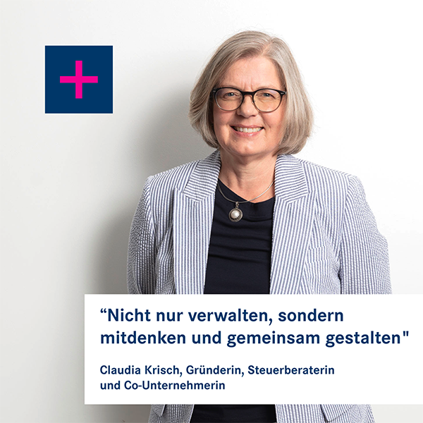 Portrait of Claudia Krisch founder and tax advisor smiling in a striped blazer quote card beside a blue plus logo